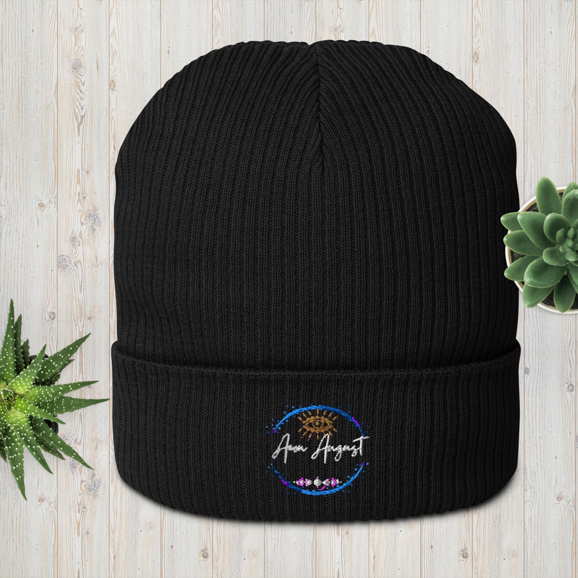 Logo - White embroidery organic ribbed beanie