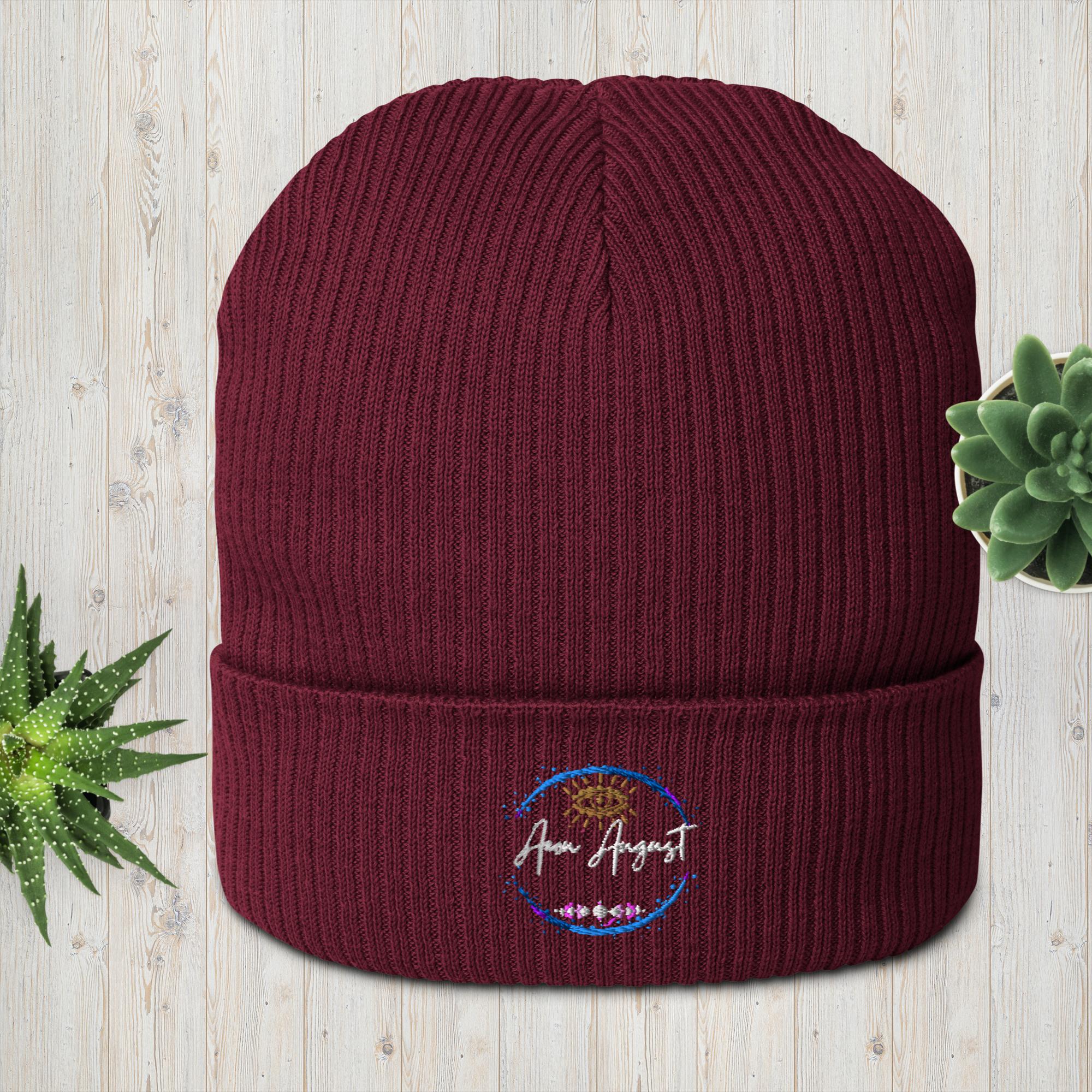Logo - White embroidery organic ribbed beanie - Image 2